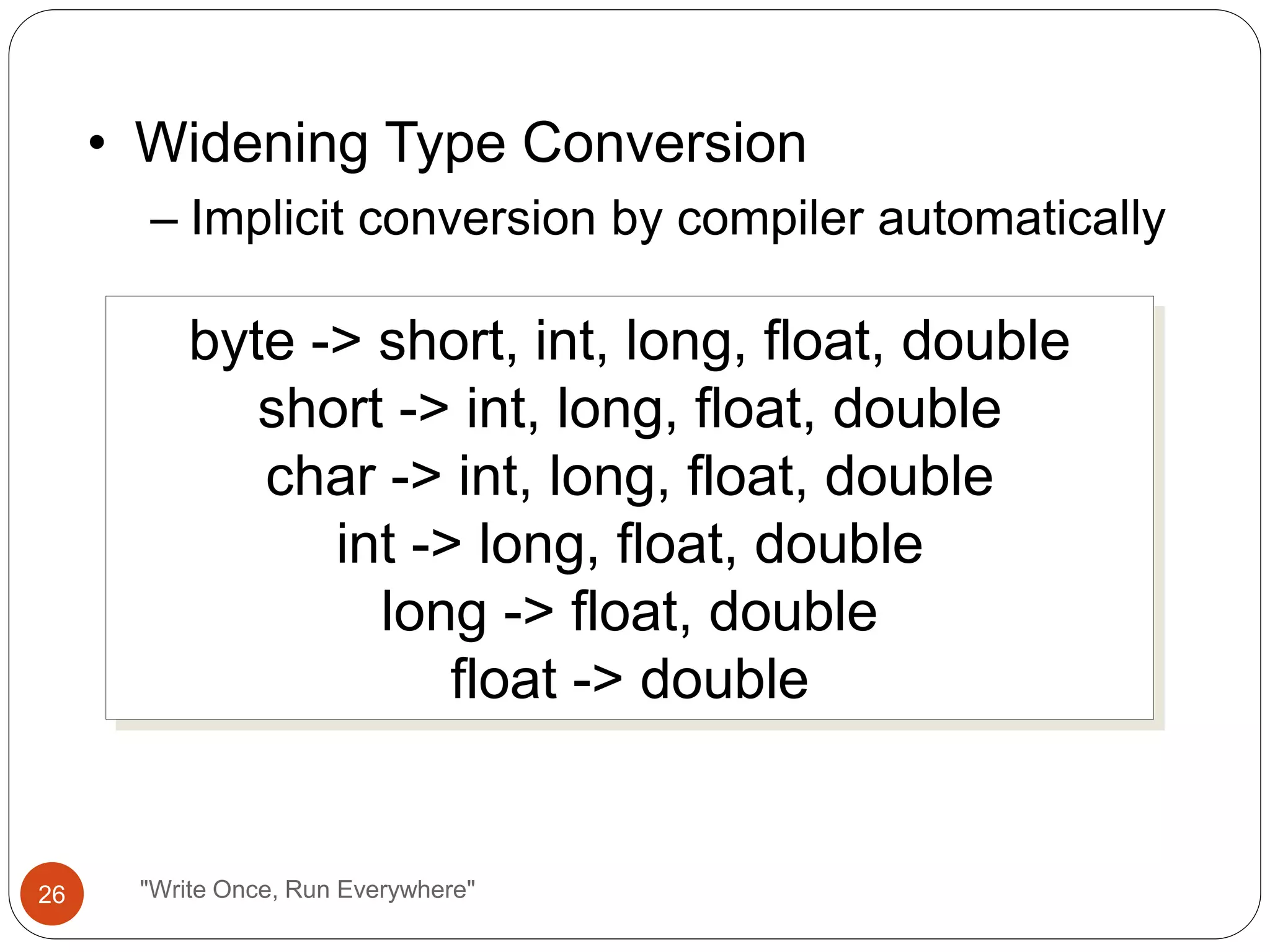 • Widening Type Conversion
– Implicit conversion by compiler automatically
byte -> short, int, long, float, double
short -> int, long, float, double
char -> int, long, float, double
int -> long, float, double
long -> float, double
float -> double
26 "Write Once, Run Everywhere"
 