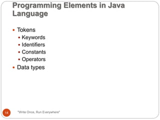"Write Once, Run Everywhere"
 Tokens
 Keywords
 Identifiers
 Constants
 Operators
 Data types
Programming Elements in Java
Language
14
 