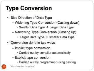 "Write Once, Run Everywhere"
Type Conversion
• Size Direction of Data Type
– Widening Type Conversion (Casting down)
• Smaller Data Type  Larger Data Type
– Narrowing Type Conversion (Casting up)
• Larger Data Type  Smaller Data Type
• Conversion done in two ways
– Implicit type conversion
• Carried out by compiler automatically
– Explicit type conversion
• Carried out by programmer using casting
25
 
