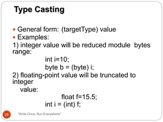  General form: (targetType) value
 Examples:
1) integer value will be reduced module bytes
range:
int i=10;
byte b = (byte) i;
2) floating-point value will be truncated to
integer
value:
float f=15.5;
int i = (int) f;
Type Casting
29 "Write Once, Run Everywhere"
 