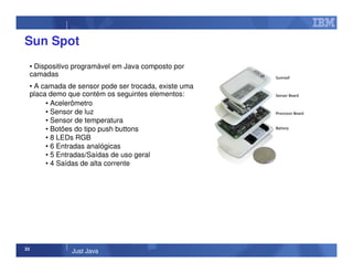 33
Just Java
Sun Spot
• Dispositivo programável em Java composto por
camadas
• A camada de sensor pode ser trocada, existe uma
placa demo que contém os seguintes elementos:
• Acelerômetro
• Sensor de luz
• Sensor de temperatura
• Botões do tipo push buttons
• 8 LEDs RGB
• 6 Entradas analógicas
• 5 Entradas/Saídas de uso geral
• 4 Saídas de alta corrente
 
