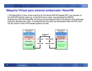 37
Just Java
Máquina Virtual para sistema embarcado: NanoVM
• The NanoVM is a java virtual machine for the Atmel AVR ATmega8 CPU, the member of
the AVR CPU family used e.g. in the DLR Asuro robot, manufactured by AREXX
engineering. With the NanoVM, the Asuro can be programmed in the popular Java language
using the standard Sun JDK. The NanoVM and its tools are distributed under the GPL and
can be used on other AVR based systems as well.
 