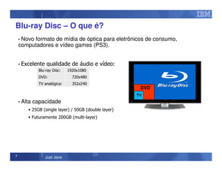 7
Just Java
Blu-ray Disc – O que é?
• Novo formato de mídia de óptica para eletrônicos de consumo,
computadores e vídeo games (PS3).
• Excelente qualidade de áudio e vídeo:
• Alta capacidade
• 25GB (single layer) / 50GB (double layer)
• Futuramente 200GB (multi-layer)
352x240TV analógica:
720x480DVD:
1920x1080Blu-ray Disc:
 