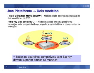 8
Just Java
Uma Plataforma -> Dois modelos
• High-Definition Movie (HDMV) – Modelo criado através da extensão de
funcionalidades do DVD.
• Blu-ray Disc Java (BD-J) – Modelo baseado em uma plataforma
completamente programável com suporte a conectividade e novos modos de
interação.
* Todos os aparelhos compatíveis com Blu-ray
devem suportar ambos os modelos
 