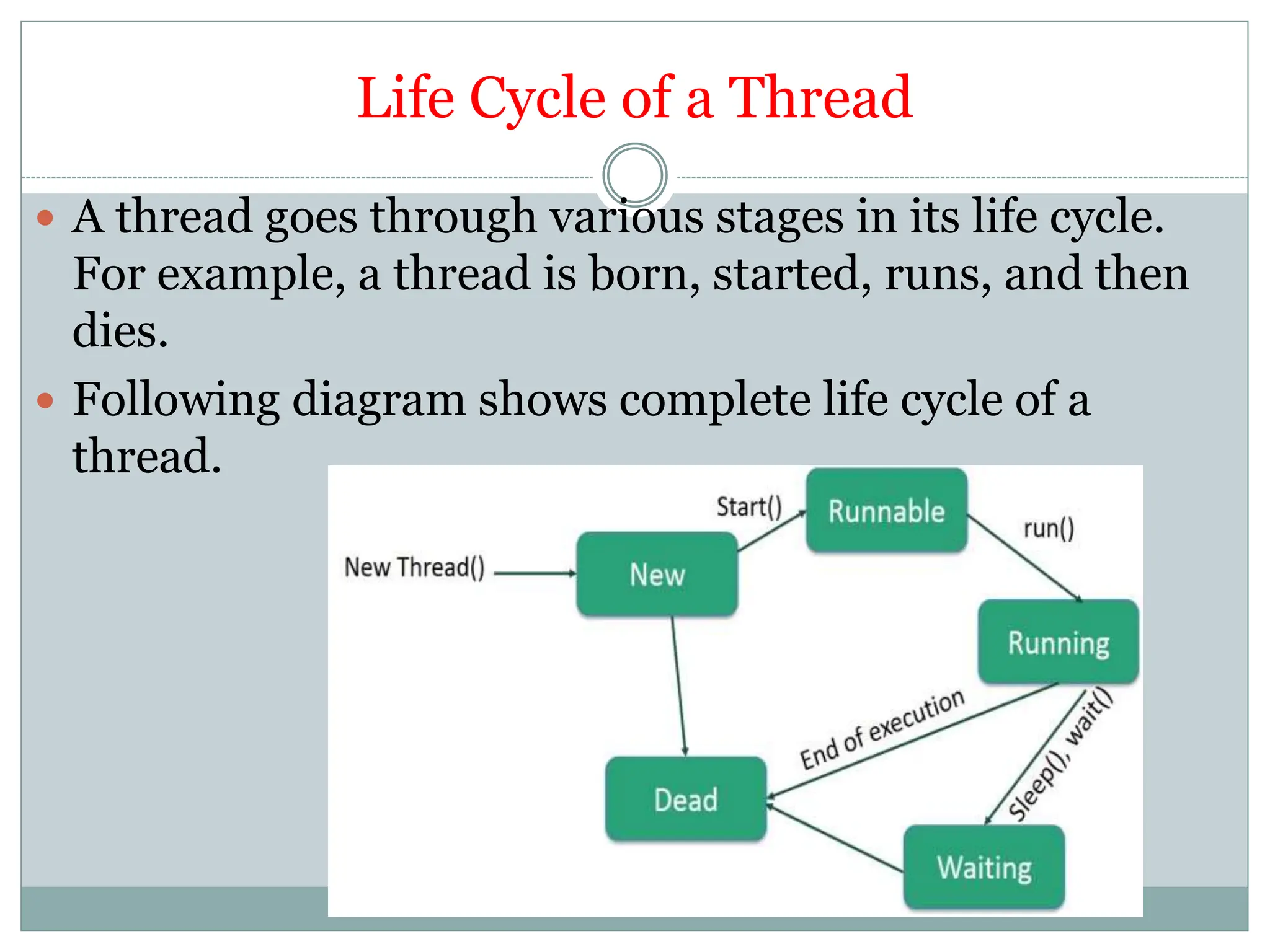 Life Cycle of a Thread
 A thread goes through various stages in its life cycle.
For example, a thread is born, started, runs, and then
dies.
 Following diagram shows complete life cycle of a
thread.
 