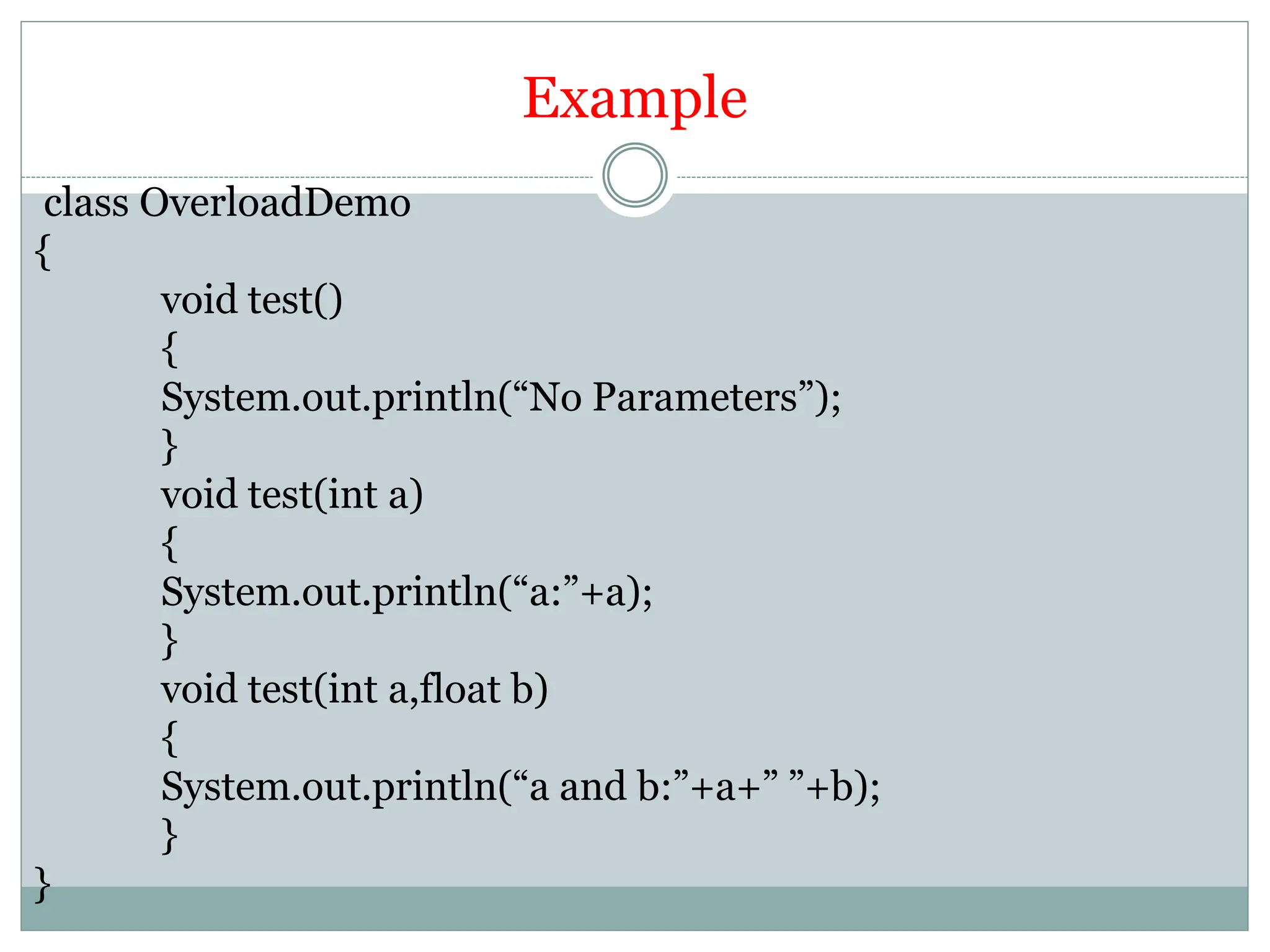 Example
class OverloadDemo
{
void test()
{
System.out.println(“No Parameters”);
}
void test(int a)
{
System.out.println(“a:”+a);
}
void test(int a,float b)
{
System.out.println(“a and b:”+a+” ”+b);
}
}
 