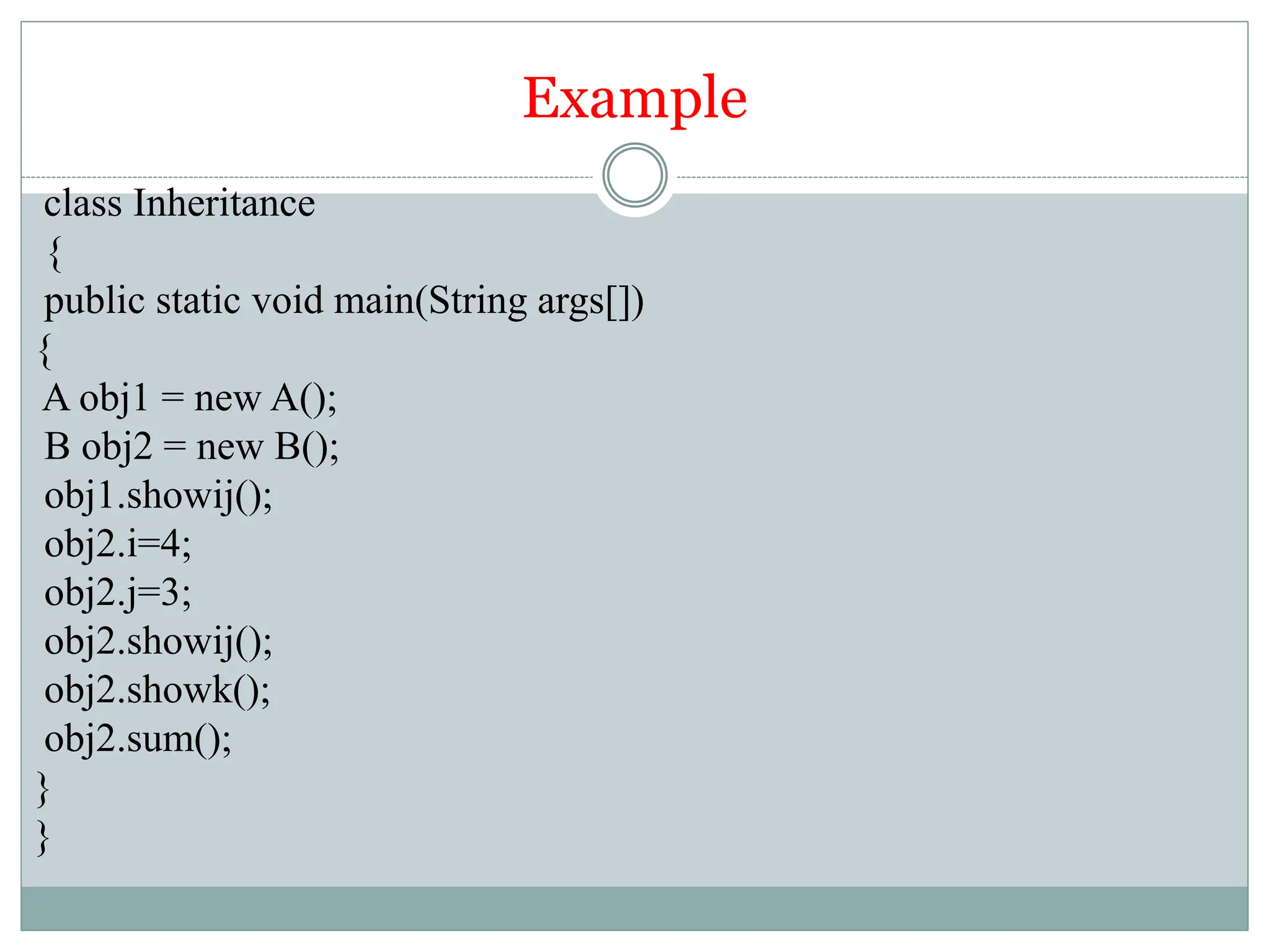 Example
class Inheritance
{
public static void main(String args[])
{
A obj1 = new A();
B obj2 = new B();
obj1.showij();
obj2.i=4;
obj2.j=3;
obj2.showij();
obj2.showk();
obj2.sum();
}
}
 