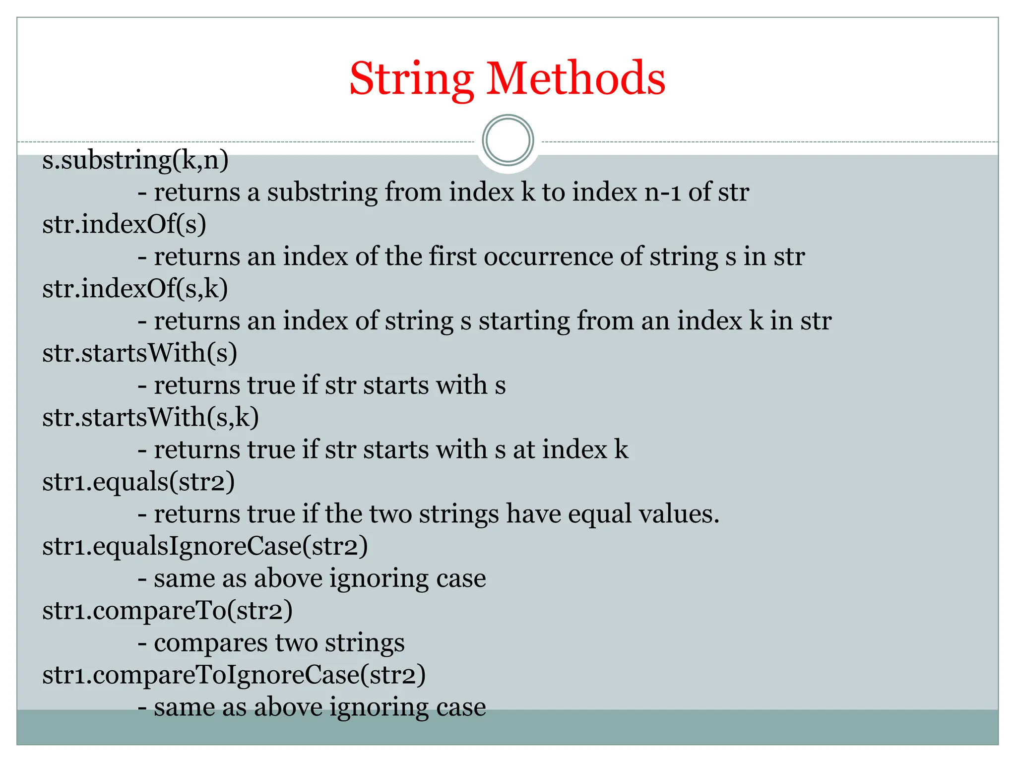 String Methods
s.substring(k,n)
- returns a substring from index k to index n-1 of str
str.indexOf(s)
- returns an index of the first occurrence of string s in str
str.indexOf(s,k)
- returns an index of string s starting from an index k in str
str.startsWith(s)
- returns true if str starts with s
str.startsWith(s,k)
- returns true if str starts with s at index k
str1.equals(str2)
- returns true if the two strings have equal values.
str1.equalsIgnoreCase(str2)
- same as above ignoring case
str1.compareTo(str2)
- compares two strings
str1.compareToIgnoreCase(str2)
- same as above ignoring case
 