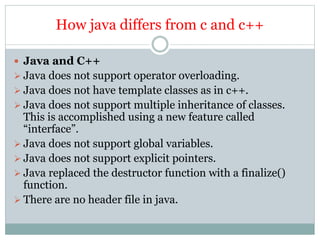 How java differs from c and c++
 Java and C++
 Java does not support operator overloading.
 Java does not have template classes as in c++.
 Java does not support multiple inheritance of classes.
This is accomplished using a new feature called
“interface”.
 Java does not support global variables.
 Java does not support explicit pointers.
 Java replaced the destructor function with a finalize()
function.
 There are no header file in java.
 