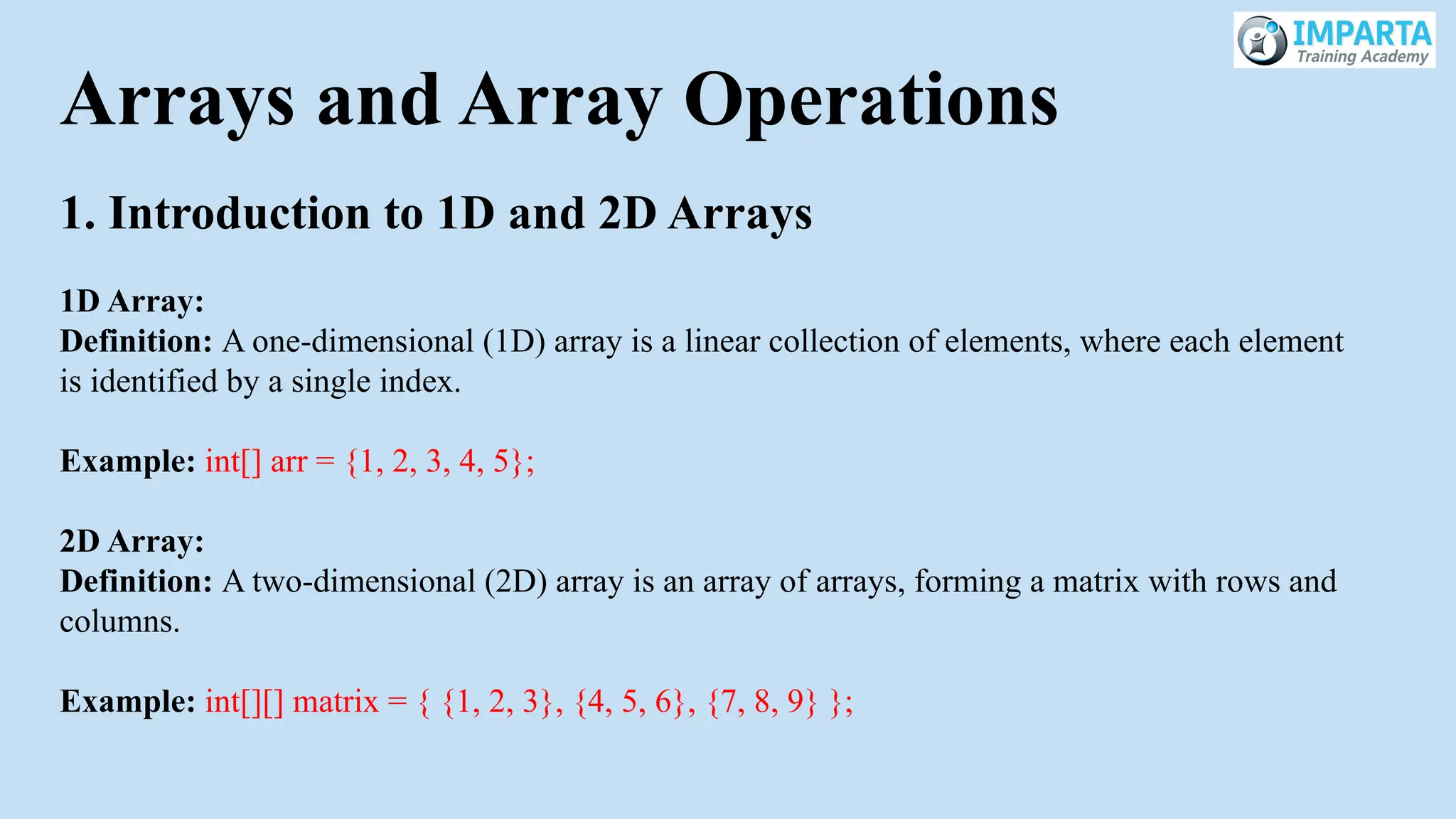 Arrays and Array Operations
1. Introduction to 1D and 2D Arrays
1D Array:
Definition: A one-dimensional (1D) array is a linear collection of elements, where each element
is identified by a single index.
Example: int[] arr = {1, 2, 3, 4, 5};
2D Array:
Definition: A two-dimensional (2D) array is an array of arrays, forming a matrix with rows and
columns.
Example: int[][] matrix = { {1, 2, 3}, {4, 5, 6}, {7, 8, 9} };
 
