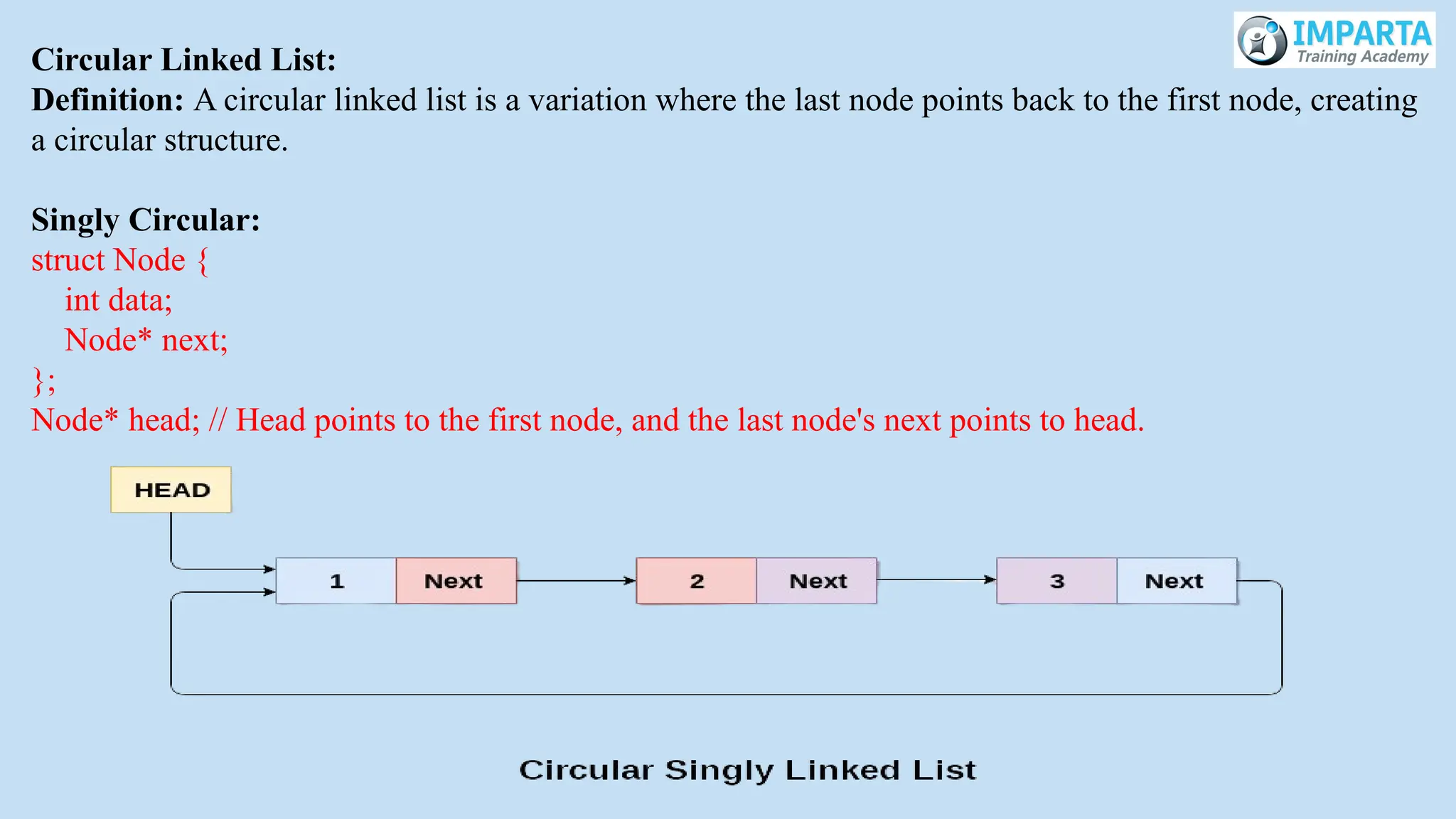 Circular Linked List:
Definition: A circular linked list is a variation where the last node points back to the first node, creating
a circular structure.
Singly Circular:
struct Node {
int data;
Node* next;
};
Node* head; // Head points to the first node, and the last node's next points to head.
 