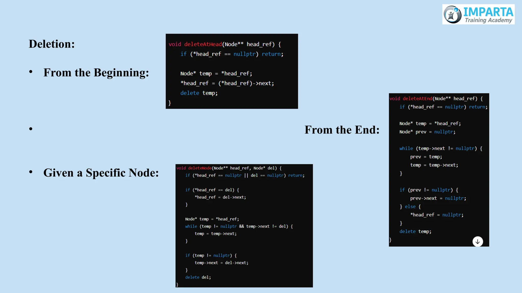 Deletion:
• From the Beginning:
• From the End:
• Given a Specific Node:
 