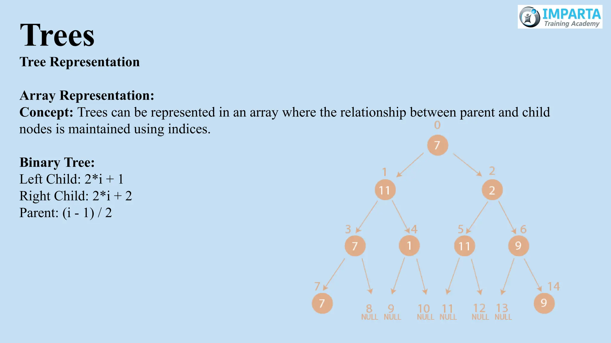 Trees
Tree Representation
Array Representation:
Concept: Trees can be represented in an array where the relationship between parent and child
nodes is maintained using indices.
Binary Tree:
Left Child: 2*i + 1
Right Child: 2*i + 2
Parent: (i - 1) / 2
 