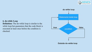 6. do-while Loop
Definition: The do-while loop is similar to the
while loop but guarantees that the code block is
executed at least once before the condition is
checked.
 