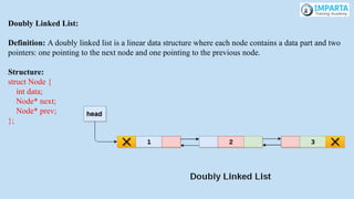 Doubly Linked List:
Definition: A doubly linked list is a linear data structure where each node contains a data part and two
pointers: one pointing to the next node and one pointing to the previous node.
Structure:
struct Node {
int data;
Node* next;
Node* prev;
};
 