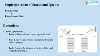 Implementation of Stacks and Queues
Using Arrays
&
Using Linked Lists
Operations
• Stack Operations:
• Push: Adds an element to the top of the stack.
• Pop: Removes and returns the element from the
top of the stack.
• Peek: Returns the element at the top of the stack
without removing it.
 