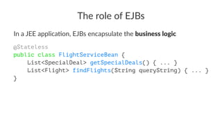 The role of EJBs
In a JEE applica+on, EJBs encapsulate the business logic
@Stateless
public class FlightServiceBean {
List<SpecialDeal> getSpecialDeals() { ... }
List<Flight> findFlights(String queryString) { ... }
}
 