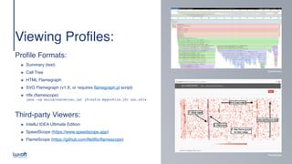 www.luxoft.com
Viewing Profiles
:

 
Profile Formats
:

๏ Summary (text
)

๏ Call Tre
e

๏ HTML Flamegrap
h

๏ SVG Flamegraph (v1.X, or requires flamegraph.pl script
)

๏ nflx (flamescope)  
java -cp build/converter.jar jfr2nflx myprofile.jfr out.nfl
x

Third-party Viewers
:

๏ IntelliJ IDEA Ultimate Editio
n

๏ SpeedScope (https://www.speedscope.app
)

๏ FlameScope (https://github.com/Netflix/flamescope)
SpeedScope
FlameScope
 