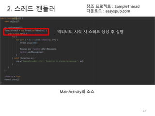 23
2. 스레드 핸들러
참조 프로젝트 : SampleThread
다운로드 : easyspub.com
MainActivity의 소스
액티비티 시작 시 스레드 생성 후 실행
 