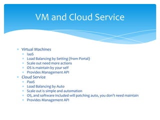 VM and Cloud Service


Virtual Machines
  IaaS
  Load Balancing by Setting (from Portal)
  Scale out need more actions
  OS is maintain by your self
  Provides Management API
Cloud Service
  PaaS
  Load Balancing by Auto
  Scale out is simple and automation
  OS, and software included will patching auto, you don’t need maintain
  Provides Management API
 