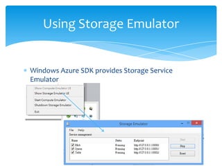 Using Storage Emulator


Windows Azure SDK provides Storage Service
Emulator
 