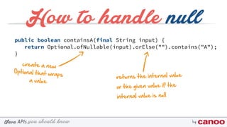 you should knowJava byAPIs
How to handle null
public boolean containsA(final String input) {
return Optional.ofNullable(input).orElse("").contains("A");
}
create a new
Optional that wraps
a value
returns the internal value
or the given value if the
internal value is null
 