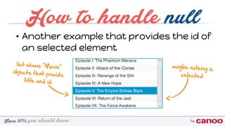 you should knowJava byAPIs
How to handle null
• Another example that provides the id of
an selected element
maybe nothing is
selected
list shows "Movie"
objects that provide
title and id
 