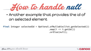 you should knowJava byAPIs
How to handle null
final Integer selectedId = Optional.ofNullable(list.getSelected())
.map(i -> i.getId())
.orElse(null);
• Another example that provides the id of
an selected element
 