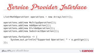 you should knowJava byAPIs
Service Provider Interface
List<MathOperation> operations = new ArrayList<>();
operations.add(new MultipyOperation());
operations.add(new AddOperation());
operations.add(new DivideOperation());
operations.add(new SubstractOperation());
operations.forEach(o -> {
System.out.println("Supported Operation: " + o.getSign());
});
 