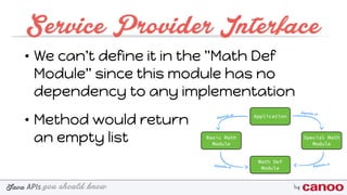 you should knowJava byAPIs
Service Provider Interface
• We can't define it in the "Math Def
Module" since this module has no
dependency to any implementation
• Method would return 
an empty list
 