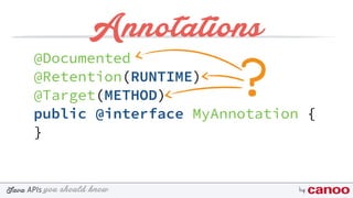 you should knowJava byAPIs
Annotations
@Documented
@Retention(RUNTIME)
@Target(METHOD)
public @interface MyAnnotation {
}
?
 
