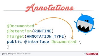 you should knowJava byAPIs
Annotations
@Documented
@Retention(RUNTIME)
@Target(ANNOTATION_TYPE)
public @interface Documented {
}
 