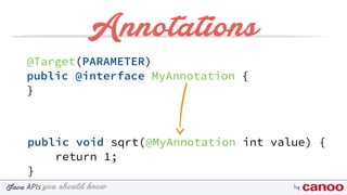 you should knowJava byAPIs
Annotations
@Target(PARAMETER)
public @interface MyAnnotation {
}
public void sqrt(@MyAnnotation int value) {
return 1;
}
 