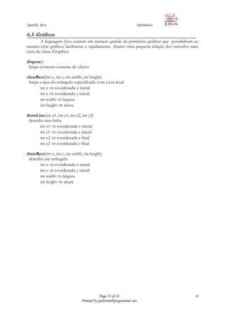 Apostila Java                                                    Informática

6.3. Gráficos
        A linguagem Java contem um numero grande de primitivas gráficas que possibilitam ao
usuário criar gráficos facilmente e rapidamente. Abaixo uma pequena relação dos métodos mais
úteis da classe Graphics:

dispose()
 limpa contexto corrente do objeto

clearRect(int x, int y, int width, int height)
 limpa a área do retângulo especificado com a cor atual
       int x coordenada x inicial
       int y coordenada y inicial
       int width largura
       int height altura

drawLine(int x1, int y1, int x2, int y2)
 desenha uma linha
       int x1 coordenada x inicial
       int y1 coordenada y inicial
       int x2 coordenada x final
       int y2 coordenada y final

drawRect(int x, int y, int width, int height)
 desenha um retângulo
       int x coordenada x inicial
       int y coordenada y inicial
       int width largura
       int height altura




                                            Page 33 of 42                                 33
                                Printed by pedrotim@programmer.net
 