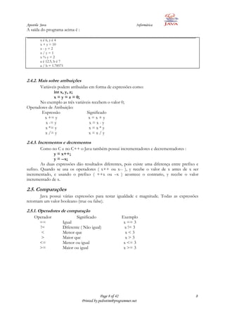 Apostila Java                                                     Informática
A saída do programa acima é :

         x é 6, y é 4
         x + y = 10
         x-y=2
         x/y=1
         x%y=2
         a é 12.5, b é 7
         a / b = 1.78571



2.4.2. Mais sobre atribuições
      Variáveis podem atribuidas em forma de expressões como:
              int x, y, z;
              x = y = z = 0;
      No exemplo as três variáveis recebem o valor 0;
Operadores de Atribuição:
       Expressão                Significado
         x += y                  x=x+y
         x -= y                  x=x-y
         x *= y                  x=x*y
         x /= y                  x=x/y

2.4.3. Incrementos e decrementos
        Como no C e no C++ o Java também possui incrementadores e decrementadores :
               y = x++;
               y = --x;
        As duas expressões dão resultados diferentes, pois existe uma diferença entre prefixo e
sufixo. Quando se usa os operadores ( x++ ou x-- ), y recebe o valor de x antes de x ser
incrementado, e usando o prefixo ( ++x ou –x ) acontece o contrario, y recebe o valor
incrementado de x.

2.5. Comparações
       Java possui várias expressões para testar igualdade e magnitude. Todas as expressões
retornam um valor booleano (true ou false).

2.5.1. Operadores de comparação
     Operador                 Significado                Exemplo
       ==              Igual                              x == 3
       !=              Diferente ( Não igual)             x != 3
        <              Menor que                           x<3
        >              Maior que                           x>3
       <=              Menor ou igual                     x <= 3
       >=              Maior ou igual                     x >= 3




                                             Page 8 of 42                                    8
                                 Printed by pedrotim@programmer.net
 