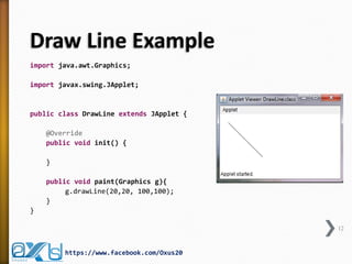 Draw Line Example 
import java.awt.Graphics; 
import javax.swing.JApplet; 
public class DrawLine extends JApplet { 
@Override 
public void init() { 
} 
public void paint(Graphics g){ 
g.drawLine(20,20, 100,100); 
} 
} 
https://www.facebook.com/Oxus20 
12  