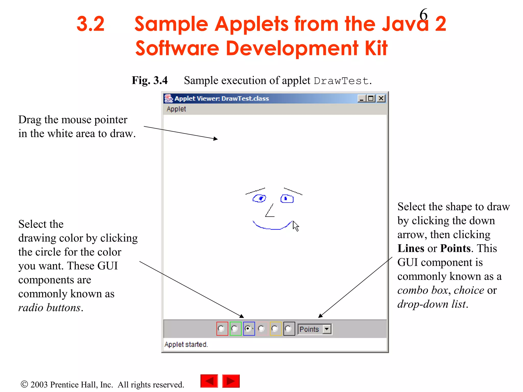 3.2

6

Sample Applets from the Java 2
Software Development Kit
Fig. 3.4

Sample execution of applet DrawTest.

Drag the mouse pointer
in the white area to draw.

Select the
drawing color by clicking
the circle for the color
you want. These GUI
components are
commonly known as
radio buttons.

© 2003 Prentice Hall, Inc. All rights reserved.

Select the shape to draw
by clicking the down
arrow, then clicking
Lines or Points. This
GUI component is
commonly known as a
combo box, choice or
drop-down list.

 