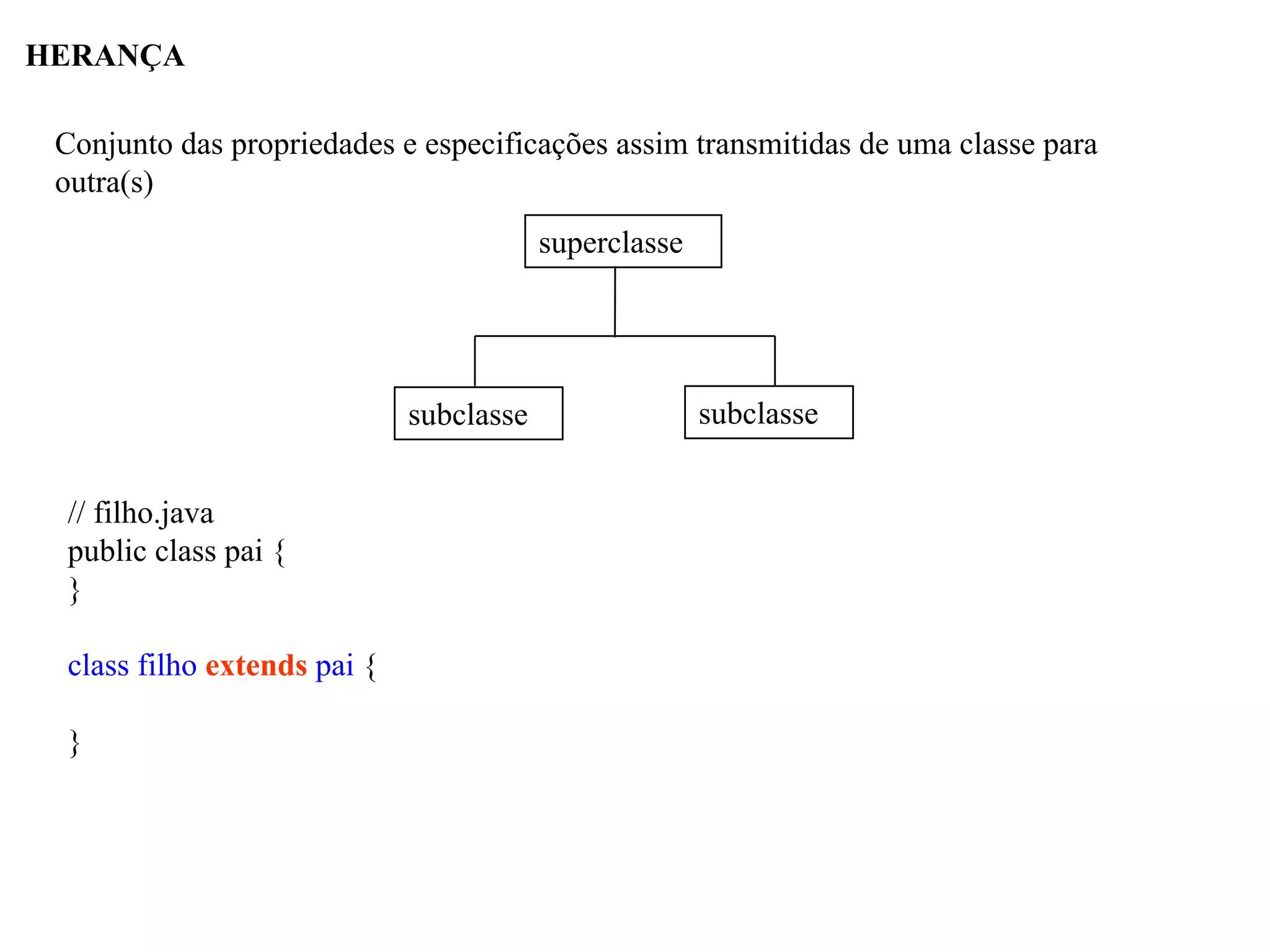 HERANÇA
superclasse
subclasse subclasse
Conjunto das propriedades e especificações assim transmitidas de uma classe para
outra(s)
// filho.java
public class pai {
}
class filho extends pai {
}
 