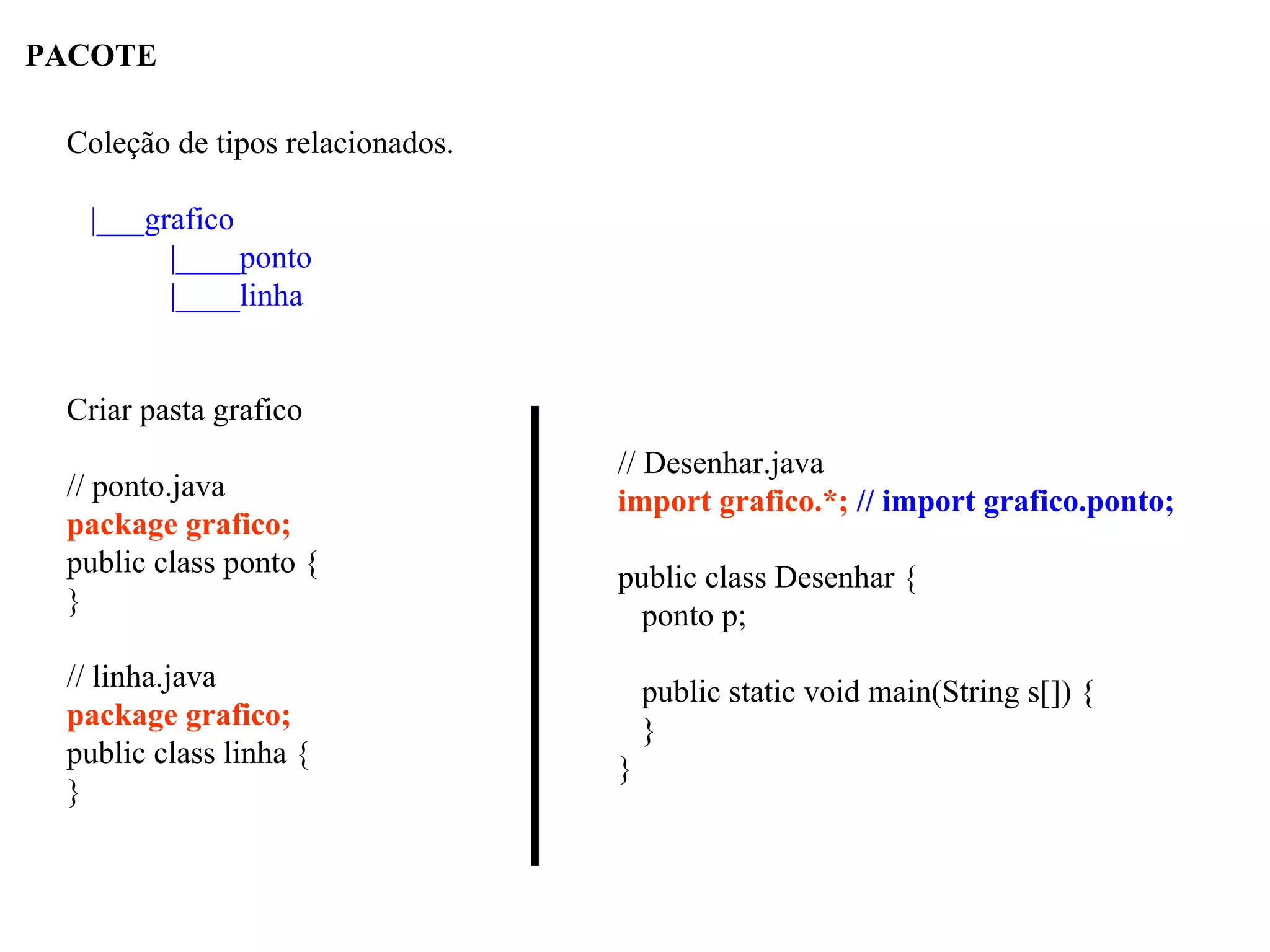 PACOTE
Coleção de tipos relacionados.
|___grafico
|____ponto
|____linha
Criar pasta grafico
// ponto.java
package grafico;
public class ponto {
}
// linha.java
package grafico;
public class linha {
}
// Desenhar.java
import grafico.*; // import grafico.ponto;
public class Desenhar {
ponto p;
public static void main(String s[]) {
}
}
 