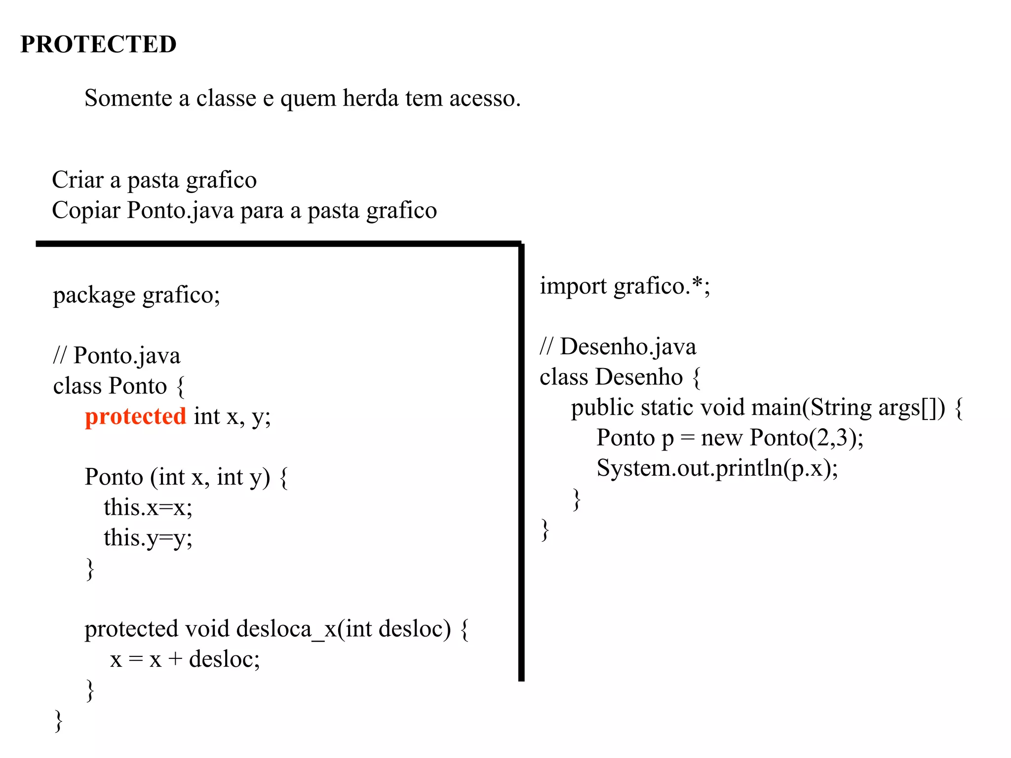PROTECTED
package grafico;
// Ponto.java
class Ponto {
protected int x, y;
Ponto (int x, int y) {
this.x=x;
this.y=y;
}
protected void desloca_x(int desloc) {
x = x + desloc;
}
}
import grafico.*;
// Desenho.java
class Desenho {
public static void main(String args[]) {
Ponto p = new Ponto(2,3);
System.out.println(p.x);
}
}
Somente a classe e quem herda tem acesso.
Criar a pasta grafico
Copiar Ponto.java para a pasta grafico
 