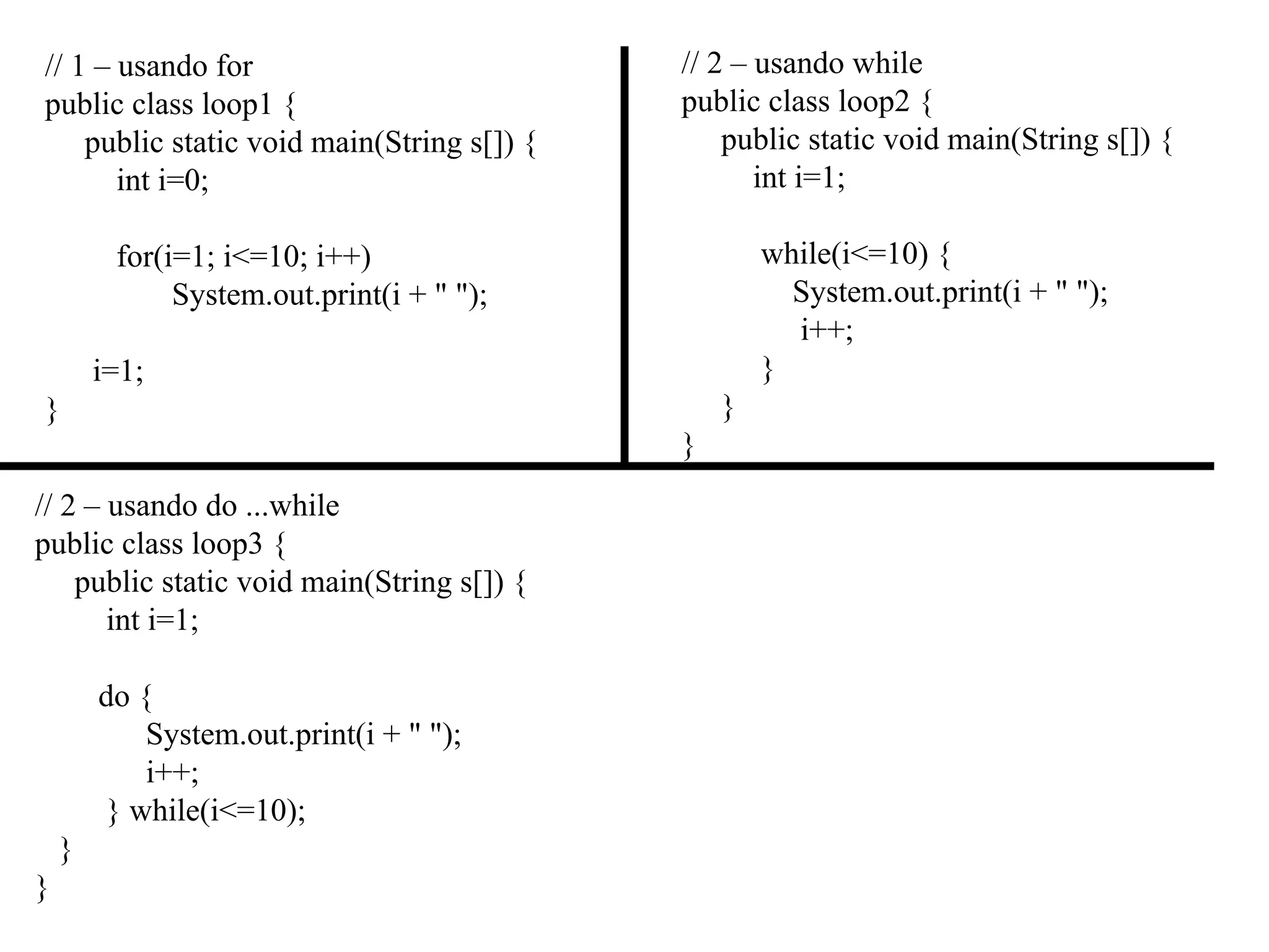 // 1 – usando for
public class loop1 {
public static void main(String s[]) {
int i=0;
for(i=1; i<=10; i++)
System.out.print(i + " ");
i=1;
}
// 2 – usando do ...while
public class loop3 {
public static void main(String s[]) {
int i=1;
do {
System.out.print(i + " ");
i++;
} while(i<=10);
}
}
// 2 – usando while
public class loop2 {
public static void main(String s[]) {
int i=1;
while(i<=10) {
System.out.print(i + " ");
i++;
}
}
}
 