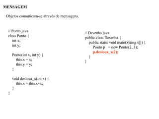 MENSAGEM
Objetos comunicam-se através de mensagens.
// Ponto.java
class Ponto {
int x;
int y;
Ponto(int x, int y) {
this.x = x;
this.y = y;
}
void desloca_x(int x) {
this.x = this.x+x;
}
}
// Desenha.java
public class Desenha {
public static void main(String s[]) {
Ponto p = new Ponto(2, 3);
p.desloca_x(2);
}
}
 