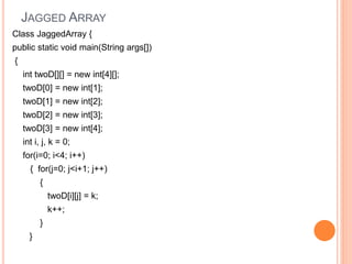 JAGGED ARRAY
Class JaggedArray {
public static void main(String args[])
{
int twoD[][] = new int[4][];
twoD[0] = new int[1];
twoD[1] = new int[2];
twoD[2] = new int[3];
twoD[3] = new int[4];
int i, j, k = 0;
for(i=0; i<4; i++)
{ for(j=0; j<i+1; j++)
{
twoD[i][j] = k;
k++;
}
}
 
