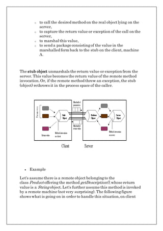 o to call the desired method on the real objectlying on the
server,
o to capture the return value or exception of the call on the
server,
o to marshal this value,
o to send a package consistingof the value in the
marshalled form back to the stub on the client, machine
A.
The stub object unmarshals the return value or exception from the
server. This value becomes the return value of the remote method
invocation.Or, if the remote method threw an exception,the stub
(object) rethrows it in the process space of the caller.
 Example
Let's assume there is a remote object belongingto the
class Product offering the method getDescription(),whose return
value is a String object. Let's further assume this method is invoked
by a remote machine (notvery surprising). The followingfigure
shows what is going on in order to handle this situation,on client
 