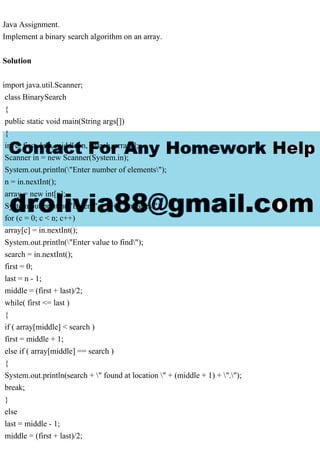 Java Assignment.Implement a binary search algorithm on an array..pdf image.