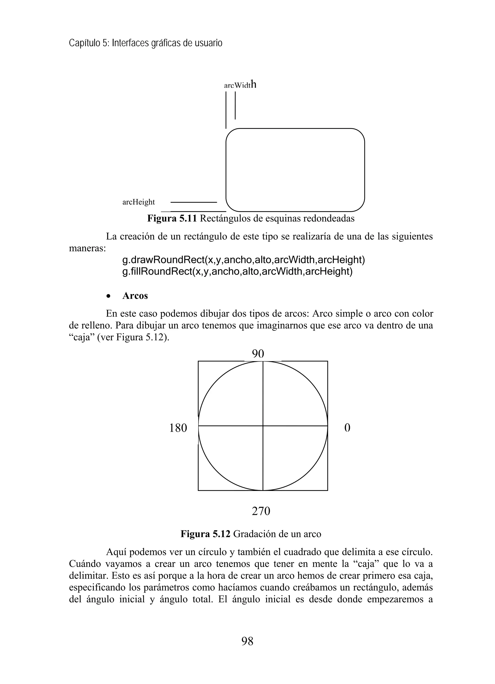 Capítulo 5: Interfaces gráficas de usuario



                                             arcWidth




              arcHeight

                     Figura 5.11 Rectángulos de esquinas redondeadas
        La creación de un rectángulo de este tipo se realizaría de una de las siguientes
maneras:
            g.drawRoundRect(x,y,ancho,alto,arcWidth,arcHeight)
            g.fillRoundRect(x,y,ancho,alto,arcWidth,arcHeight)

          •   Arcos
         En este caso podemos dibujar dos tipos de arcos: Arco simple o arco con color
de relleno. Para dibujar un arco tenemos que imaginarnos que ese arco va dentro de una
“caja” (ver Figura 5.12).
                                                   90




                           180                                     0




                                                   270
                              Figura 5.12 Gradación de un arco
         Aquí podemos ver un círculo y también el cuadrado que delimita a ese círculo.
Cuándo vayamos a crear un arco tenemos que tener en mente la “caja” que lo va a
delimitar. Esto es así porque a la hora de crear un arco hemos de crear primero esa caja,
especificando los parámetros como hacíamos cuando creábamos un rectángulo, además
del ángulo inicial y ángulo total. El ángulo inicial es desde donde empezaremos a



                                                 98
 