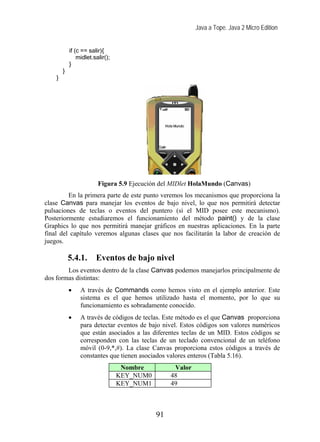 Java a Tope. Java 2 Micro Edition


            if (c == salir){
                midlet.salir();
            }
        }
    }




                         Figura 5.9 Ejecución del MIDlet HolaMundo (Canvas)
         En la primera parte de este punto veremos los mecanismos que proporciona la
clase Canvas para manejar los eventos de bajo nivel, lo que nos permitirá detectar
pulsaciones de teclas o eventos del puntero (si el MID posee este mecanismo).
Posteriormente estudiaremos el funcionamiento del método paint() y de la clase
Graphics lo que nos permitirá manejar gráficos en nuestras aplicaciones. En la parte
final del capítulo veremos algunas clases que nos facilitarán la labor de creación de
juegos.

            5.4.1.      Eventos de bajo nivel
        Los eventos dentro de la clase Canvas podemos manejarlos principalmente de
dos formas distintas:
            •    A través de Commands como hemos visto en el ejemplo anterior. Este
                 sistema es el que hemos utilizado hasta el momento, por lo que su
                 funcionamiento es sobradamente conocido.
            •    A través de códigos de teclas. Este método es el que Canvas proporciona
                 para detectar eventos de bajo nivel. Estos códigos son valores numéricos
                 que están asociados a las diferentes teclas de un MID. Estos códigos se
                 corresponden con las teclas de un teclado convencional de un teléfono
                 móvil (0-9,*,#). La clase Canvas proporciona estos códigos a través de
                 constantes que tienen asociados valores enteros (Tabla 5.16).
                                   Nombre          Valor
                                  KEY_NUM0        48
                                  KEY_NUM1        49



                                             91
 