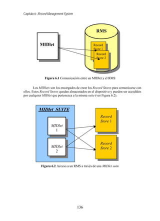 Capítulo 6: Record Management System




                                                     RMS

           MIDlet                                  Record
                                                   Store 1
                                                     Record
                                                     Store 2




               Figura 6.1 Comunicación entre un MIDlet y el RMS

        Los MIDlets son los encargados de crear los Record Stores para comunicarse con
ellos. Estos Record Stores quedan almacenados en el dispositivo y pueden ser accedidos
por cualquier MIDlet que pertenezca a la misma suite (ver Figura 6.2).



          MIDlet SUITE
                                                        Record
                                                        Store 1
                    MIDlet
                      1


                                                        Record
                    MIDlet                              Store 2
                      2


            Figura 6.2 Acceso a un RMS a través de una MIDlet suite




                                       136
 
