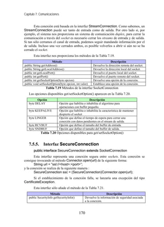 Capítulo 7: Comunicaciones


       Esta conexión está basada en la interfaz StreamConnection. Como sabemos, un
StreamConnection puede ser tanto de entrada como de salida. Por otro lado si, por
ejemplo, el sistema nos proporciona un sistema de comunicación duplex, para cerrar la
comunicación a través del socket es necesario cerrar los streams de entrada y de salida.
Si tan sólo cerramos el canal de entrada, podemos seguir mandando información por el
de salida. Incluso una vez cerrados ambos, es posible volverlos a abrir si aún no se ha
cerrado el socket.
       Esta interfaz nos proporciona los métodos de la Tabla 7.19.
                      Método                                           Descripción
public String getAddress()                               Devuelve la dirección remota del socket.
public String getLocalAddress()                          Devuelve la dirección local del socket.
public int getLocalPort()                                Devuelve el puerto local del socket.
public int getPort()                                     Devuelve el puerto remoto del socket.
public int getSocketOption(byte opcion)                  Devuelve una opción de la conexión.
public void setSocketOption(byte opcion, int valor)      Establece una opción de la conexión.
                 Tabla 7.19 Métodos de la interfaz SocketConnection
   Las opciones disponibles get/setSocketOption() aparecen en la Tabla 7.20.
         Opción                                      Descripción
   byte DELAY                Opción que habilita o inhabilita el algoritmo para
                             operaciones con buffer pequeño.
   byte KEEPALIVE            Opción que habilita o inhabilita la característica de mantener
                             despierto el socket
   byte LINGER               Opción que define el tiempo de espera para cerrar una
                             conexión con datos pendientes en el stream de salida.
   byte RCVBUF               Opción que define el tamaño del buffer de entrada.
   byte SNDBUF               Opción que define el tamaño del buffer de salida.
            Tabla 7.20 Opciones disponibles para get/setSocketOption()


   7.5.5.      Interfaz SecureConnection
       public interface SecureConnection extends SocketConnection
       Esta interfaz representa una conexión segura entre sockets. Esta conexión se
consigue invocando al método Connector.open(url) de la siguiente forma:
       String url = “ssl://<host>:<port>”;
y la conexión se realiza de la siguiente manera :
       SecureConnection ssc = (SecureConnection)Connector.open(url);
       Si el establecimiento de la conexión falla, se lanzaría una excepción del tipo
CertificateException.
       Esta interfaz sólo añade el método de la Tabla 7.21.
                    Método                                         Descripción
   public SecurityInfo getSecurityInfo()          Devuelve la información de seguridad asociada
                                                  a la conexión.


                                             170
 