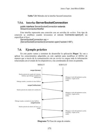 Java a Tope: Java Micro Edition


                       Tabla 7.21 Métodos de la interfaz SecureConnection


    7.5.6.           Interfaz ServerSocketConnection
          public interface ServerSocketConnection extends
          StreamConnectionNotifier
       Esta interfaz representa una conexión con un servidor de sockets. Este tipo de
conexión se establece cuando invocamos al método Connector.open(url) sin
especificar el host:
       ServerSocketConnection ssc =
       (ServerSocketConnection)Connector.open(“socket://:00”);


    7.6.            Ejemplo práctico
       En este punto vamos a terminar de desarrollar la aplicación Hogar. Se van a
aplicar los conocimientos adquiridos en este capítulo para modificar el MIDlet de
manera que a través de la comunicación con un servlet se cargue toda la información
relacionada con el estado de los dispositivos y las coordenadas de éstos en pantalla.
                                          MIDLET                  SERVLET

                            cargarAlarma()

       Realizo petición de estados de la alarma.
           Además, aquí obtengo el número de
                                   habitaciones                          Obtengo el valor del parámetro acción;
                                                                         serialize(); //según acción.
                                                                         send();
   Obtengo estados y actualizo la clase Edificio

                       cargarCalefaccion()

   Realizo petición de estados de la calefacción

                                                                         Obtengo el valor del parámetro acción;
                                                                         serialize(); //según acción.
                                                                         send();



Obtengo estados y actualizo la clase Edificio
                             cargarLuces()

       Realizo petición de número de luces y su
                                        estado.

                                                                         Obtengo el valor del parámetro acción;
                                                                         serialize(); //según acción.
                                                                         send();




                                          Diagrama 7.1 Fase de carga de estados


                                                     171
 